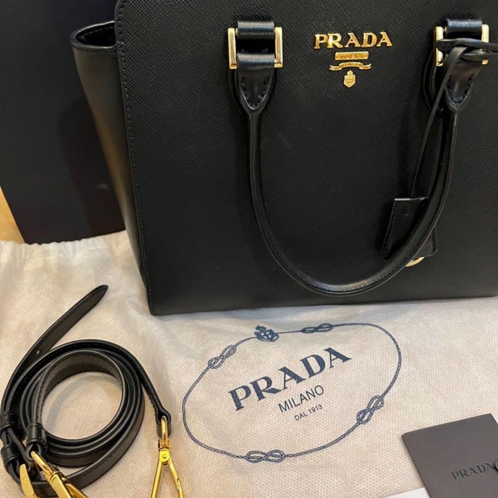 Prada Saffiano Borsa Black Leather Shoulder Tote Handbag 1BA113 - Picture 2 of 10